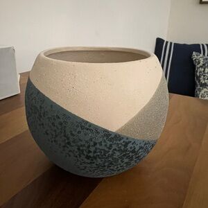 Small Modern Ceramic Planter with Blue and Cream Design, 4.5” tall, 5.25” wide